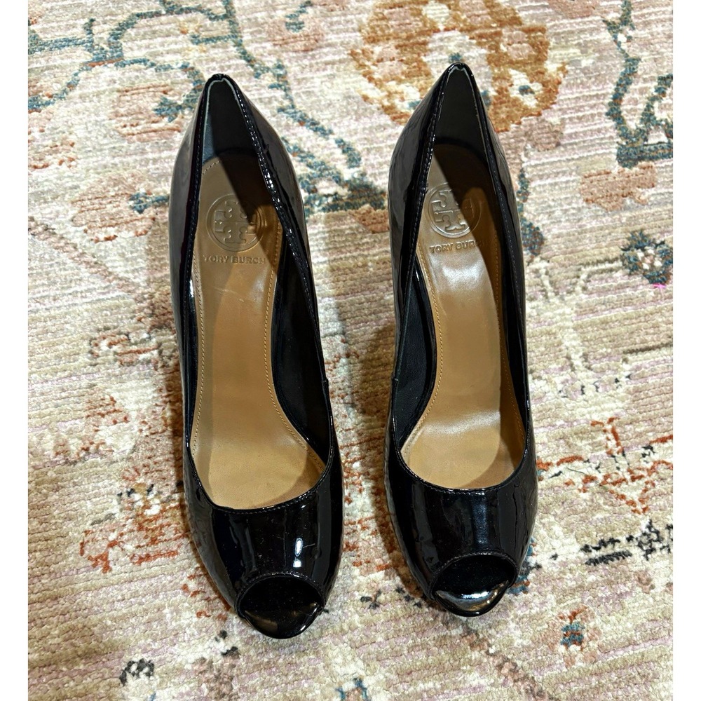 Tory Burch Women's Black Patent Leather Peep Toe Slip-On Stiletto Pump 10